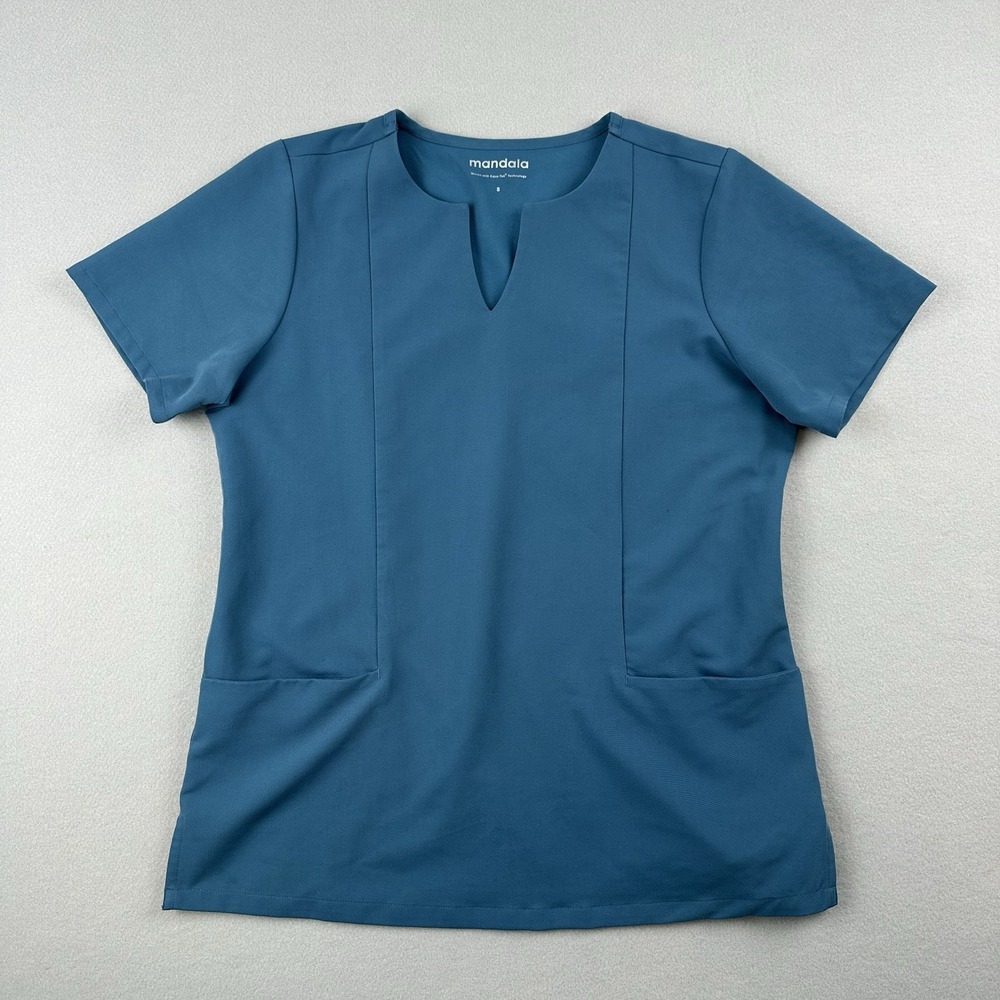 Mandala Scrub Top Women S‎ Teal Blue Notch Neck Equa-Tek Short Sleeve Pockets